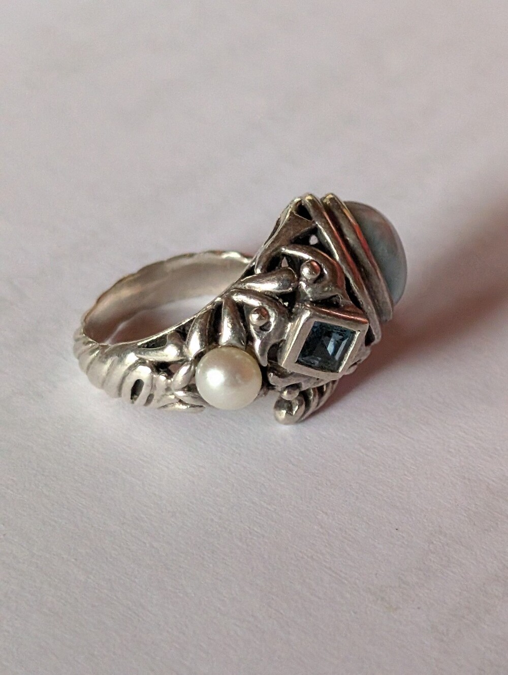 MarahLago Sterling Silver Larimar Cabochon Ring with Pearl Accent - Light Blue - Picture 2 of 8